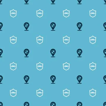 Set Location shield and Car with on seamless pattern. Vector Stock Illustration
