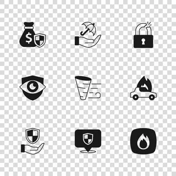 Set Location shield, Burning car, Fire flame, Tornado, Broken cracked lock,.. Stock Illustration