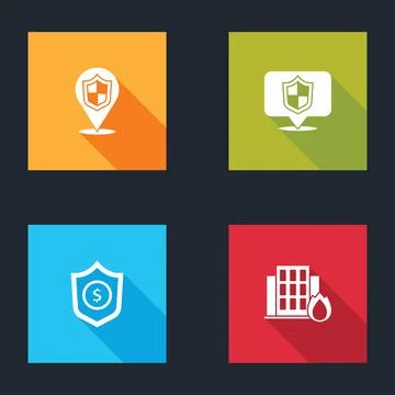 Set Location shield, , Shield with dollar and Fire in burning house icon. Vector Ilustración de archivo