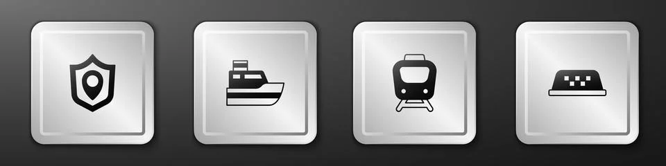 Set Location shield, Ship line path, Train and Taxi car roof icon. Silver s.. Stock Illustration