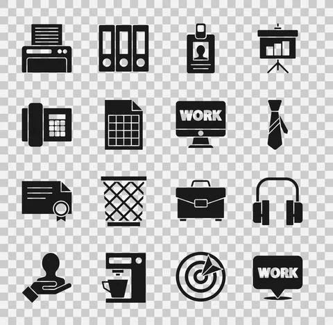 Set Location with text work, Headphones, Tie, Identification badge, File Stock Illustration