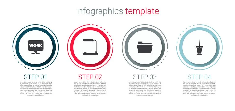 Set Location with text work, Table lamp, Document folder and Push pin. Business Stock Illustration