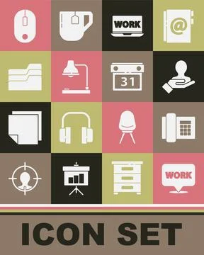 Set Location with text work, Telephone, Hand for search people, Laptop, Table 스톡 일러스트