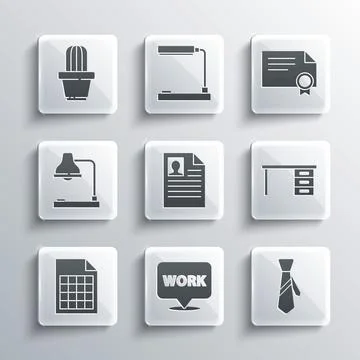 Set Location with text work, Tie, Office desk, Resume, File document, Table l Stock Illustration