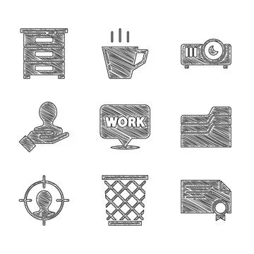 Set Location with text work, Trash can, Certificate template, Document folder Stock-Illustration