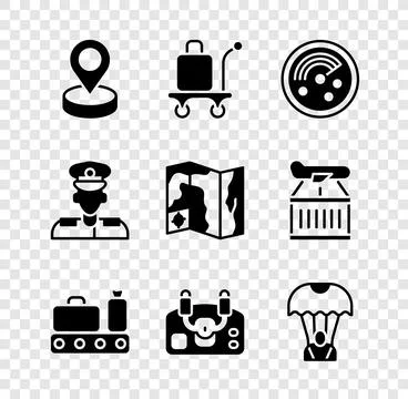 Set Location, Trolley baggage, Radar with targets monitor, Conveyor belt su.. Stock Illustration