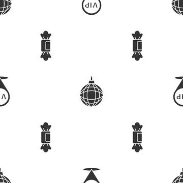 Set Location Vip, Disco ball and Candy on seamless pattern. Vector Stock Illustration