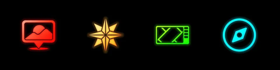 Set Location, Wind rose, Gps device with map and Compass icon. Vector Illustrazione stock