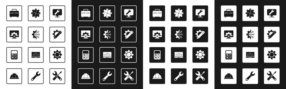 Set Location with wrench spanner, Algorithm, Computer monitor and gear, Toolbox Stock Illustration