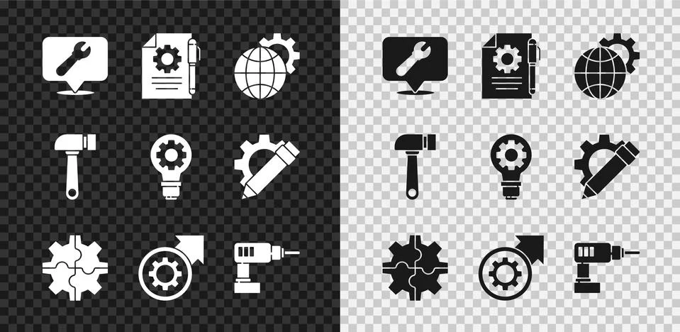 Set Location with wrench spanner, Document settings and pen, Globe of the Earth イラスト素材