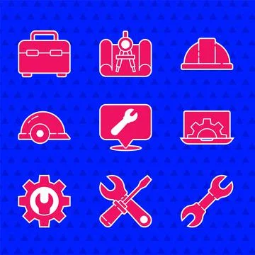 Set Location with wrench spanner, Screwdriver and, Wrench, Laptop gear, Worke Stock Illustration