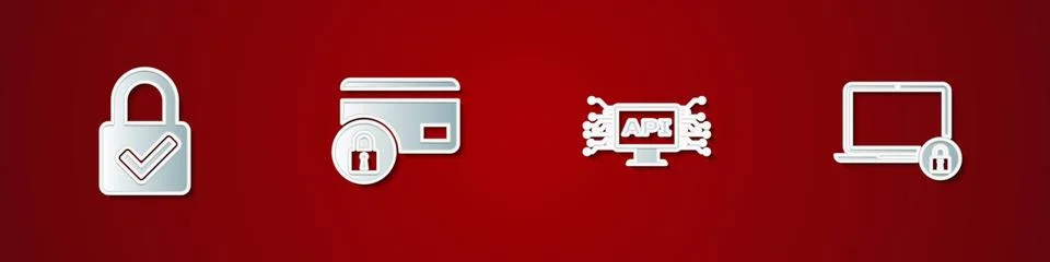 Set Lock and check mark, Credit card with lock, Computer api interface and Stock Illustration