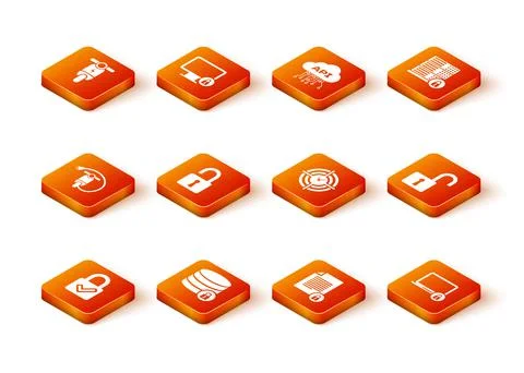 Set Lock and check mark, Server security with lock, Electric scooter, Open Stock Illustration