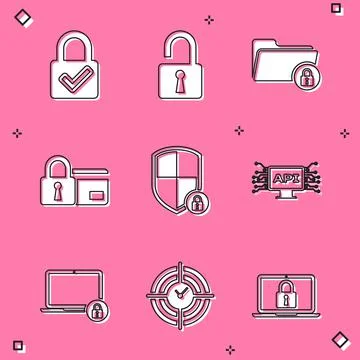 Set Lock and check mark, Open padlock, Folder, Credit card with, Shield security 스톡 일러스트
