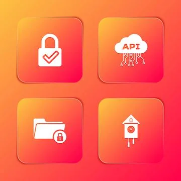 Set Lock and check mark, Cloud api interface, Folder lock and Retro wall watch Illustrazione stock