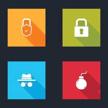 Set Lock and check mark, , Incognito mode and Bomb ready explode icon. Vector Stock Illustration