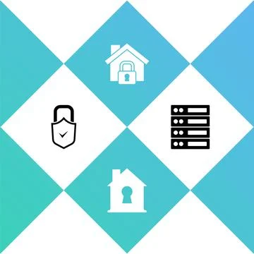 Set Lock and check mark, House under protection, and Server, Data, Web Hosting イラスト素材