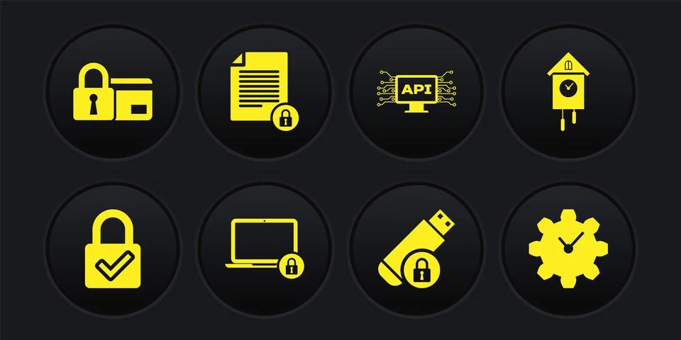 Set Lock and check mark, Retro wall watch, Laptop lock, USB flash drive with Stock Illustration