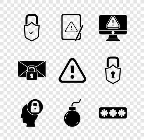 Set Lock and check mark, Tablet with exclamation, Monitor, Human head lock, Bomb Stock Illustration