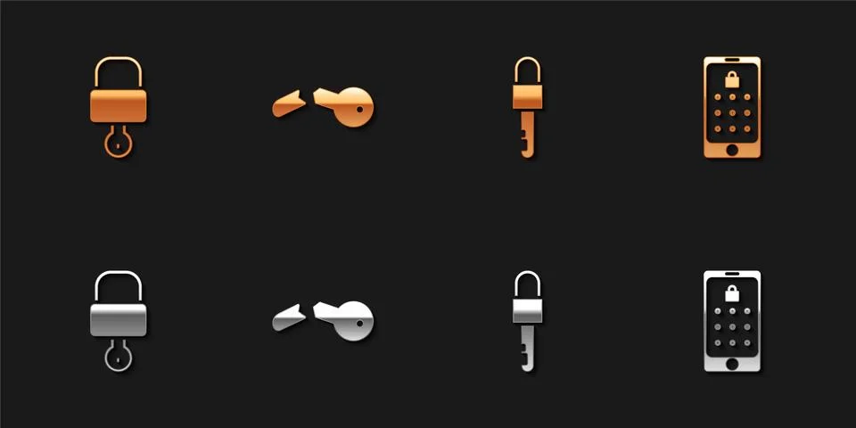 Set Lock and key, Broken, Locked and Mobile graphic password icon. Vector Stock Illustration