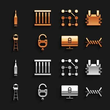 Set Lock and key, Bulletproof vest, Barbed wire, on computer monitor, Watch Stock Illustration