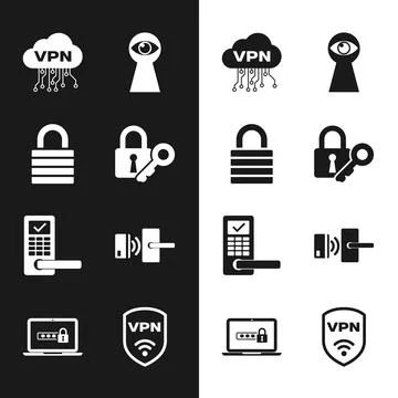 Set Lock and key, , Cloud VPN interface, Keyhole with eye, Digital door lock 스톡 일러스트