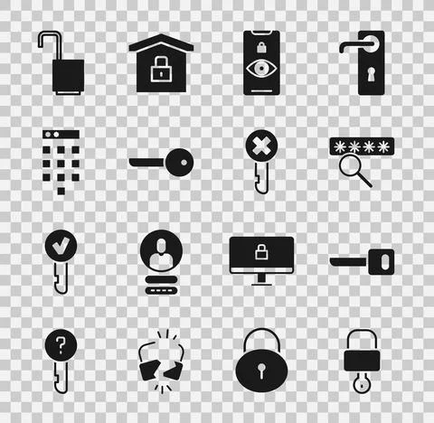 Set Lock and key, Key, Password protection, Eye scan, Open padlock and Wrong Stock Illustration