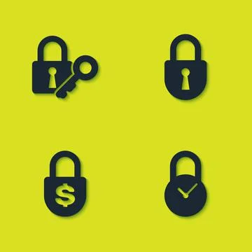 Set Lock and key, Padlock with clock, Money and icon. Vector Stock Illustration