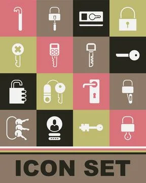 Set Lock and key, picks for lock picking, Key, card, Car with remote, Wrong Stock Illustration