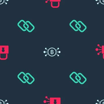 Set Lock with bitcoin, Bitcoin circuit and Chain link on seamless pattern Illustrazione stock