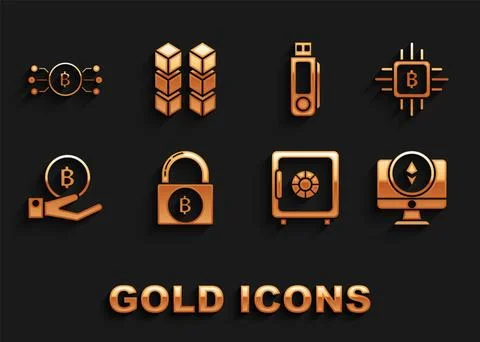Set Lock with bitcoin, CPU mining farm, Monitor and Cryptocurrency Ethereum ETH Stock Illustration