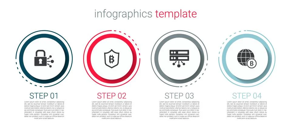 Set Lock with bitcoin, Shield, Server and Globe Bitcoin. Business infographic Illustrazione stock