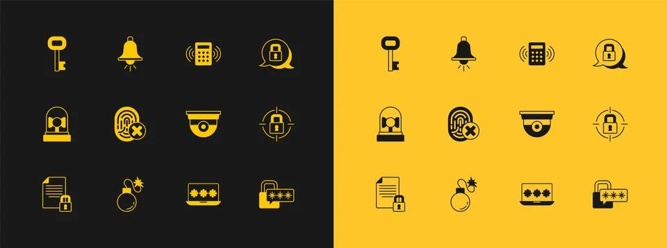 Set Lock, Bomb, Security camera, Laptop with password, Cancelled fingerprin.. Stock Illustration