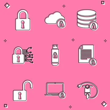 Set Lock, Cloud computing lock, Server security with, Cyber, USB flash drive and 库存插图