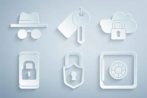 Set Lock, Cloud computing lock, Mobile with closed padlock, Safe, Marked key and 스톡 일러스트