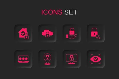 Set Lock, Cloud computing lock, House under protection, Eye scan, and Lapto.. Ilustração Stock