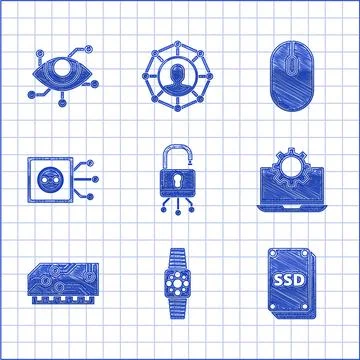 Set Lock on digital circuit board, Smartwatch, SSD card, Laptop and gear, RAM Illustrazione stock