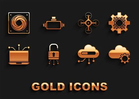 Set Lock on digital circuit board, Processor, Cloud technology data transfer and Stock Illustration