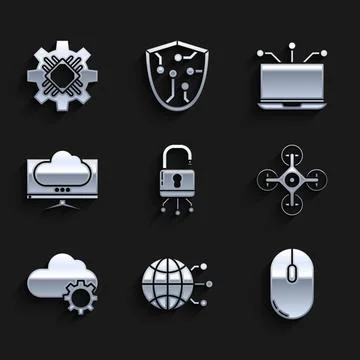 Set Lock on digital circuit board, Global technology or social network, Computer Illustrazione stock