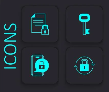 Set Lock, Document and lock, Old key and Mobile with closed padlock icon. Black Illustrazione stock