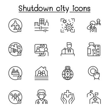 Set of Lock down city from virus crisis related vector line icons. contains s Illustrazione stock
