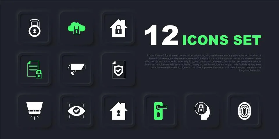 Set Lock Fingerprint Security camera door lock Document and Eye scan Cloud co Stock Illustration