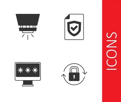 Set Lock, Fire sprinkler system, Monitor with password and Contract shield icon Stock Illustration