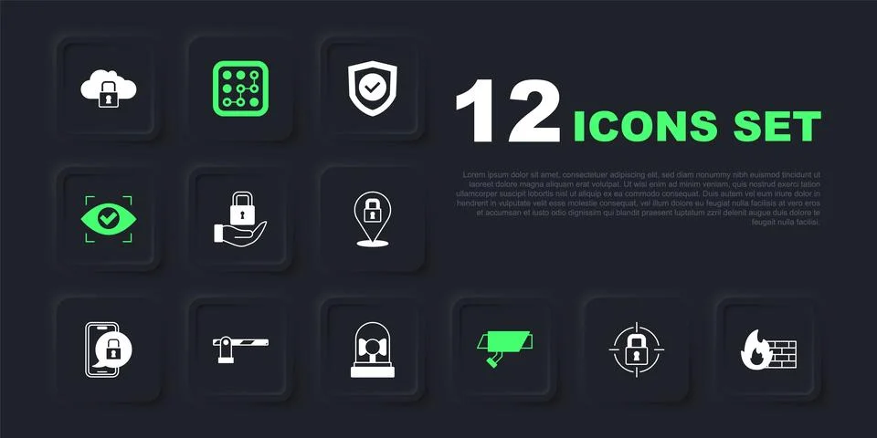 Set Lock, Firewall, security wall, Security camera, Eye scan, Parking car b.. Stock Illustration