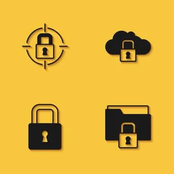 Set Lock, Folder and lock, and Cloud computing icon with long shadow. Vector 스톡 일러스트
