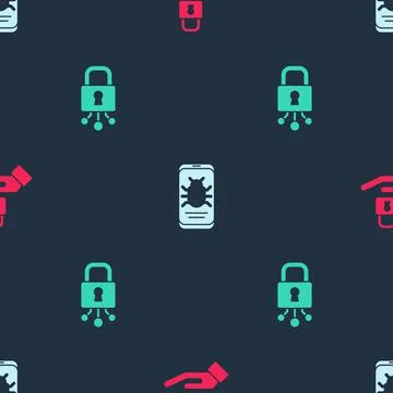 Set Lock in hand, System bug on mobile and Cyber security on seamless pattern 스톡 일러스트