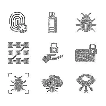 Set Lock in hand, System bug on cloud, Eye scan, Credit card with lock, Graphic 스톡 일러스트