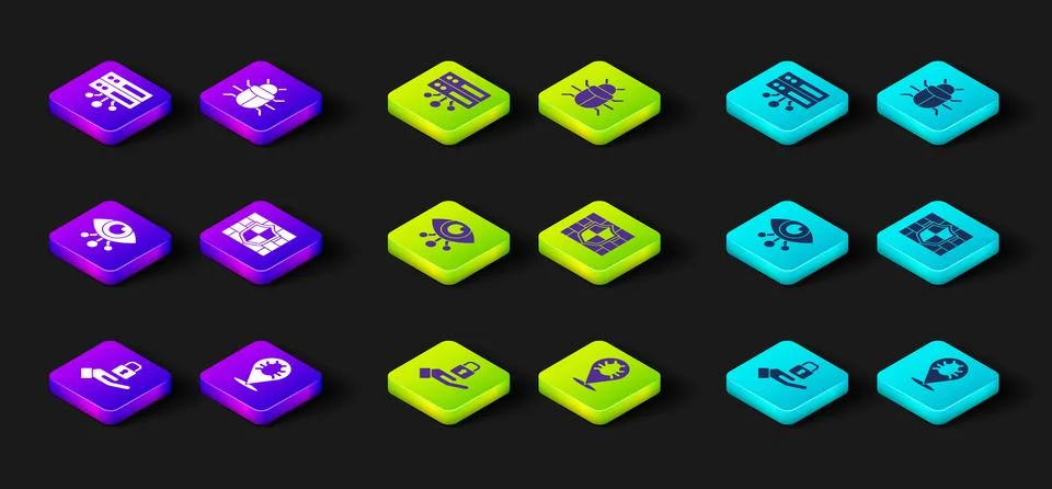 Set Lock in hand, System bug, Eye scan, Shield with brick wall, and Server, Data Stock Illustration