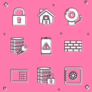 Set Lock, House under protection, Ringing alarm bell, Server security with key Stock Illustration