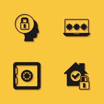 Set Lock, House under protection, Safe and Laptop with password icon with long Stock Illustration